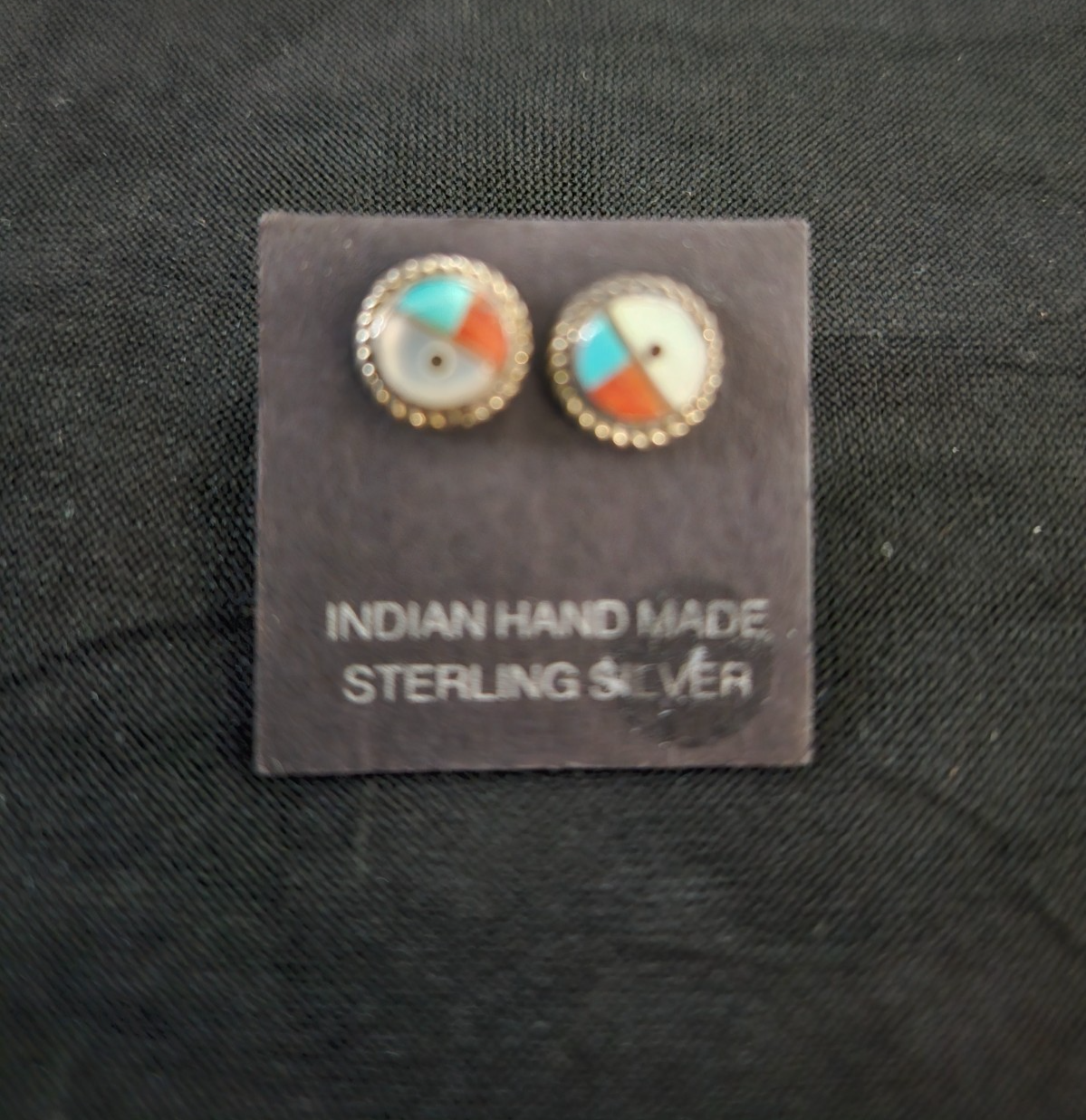 NATIVE AMERICAN ZUNI MADE INLAID ROUND EARRINGS STERLING SILVER NWOT