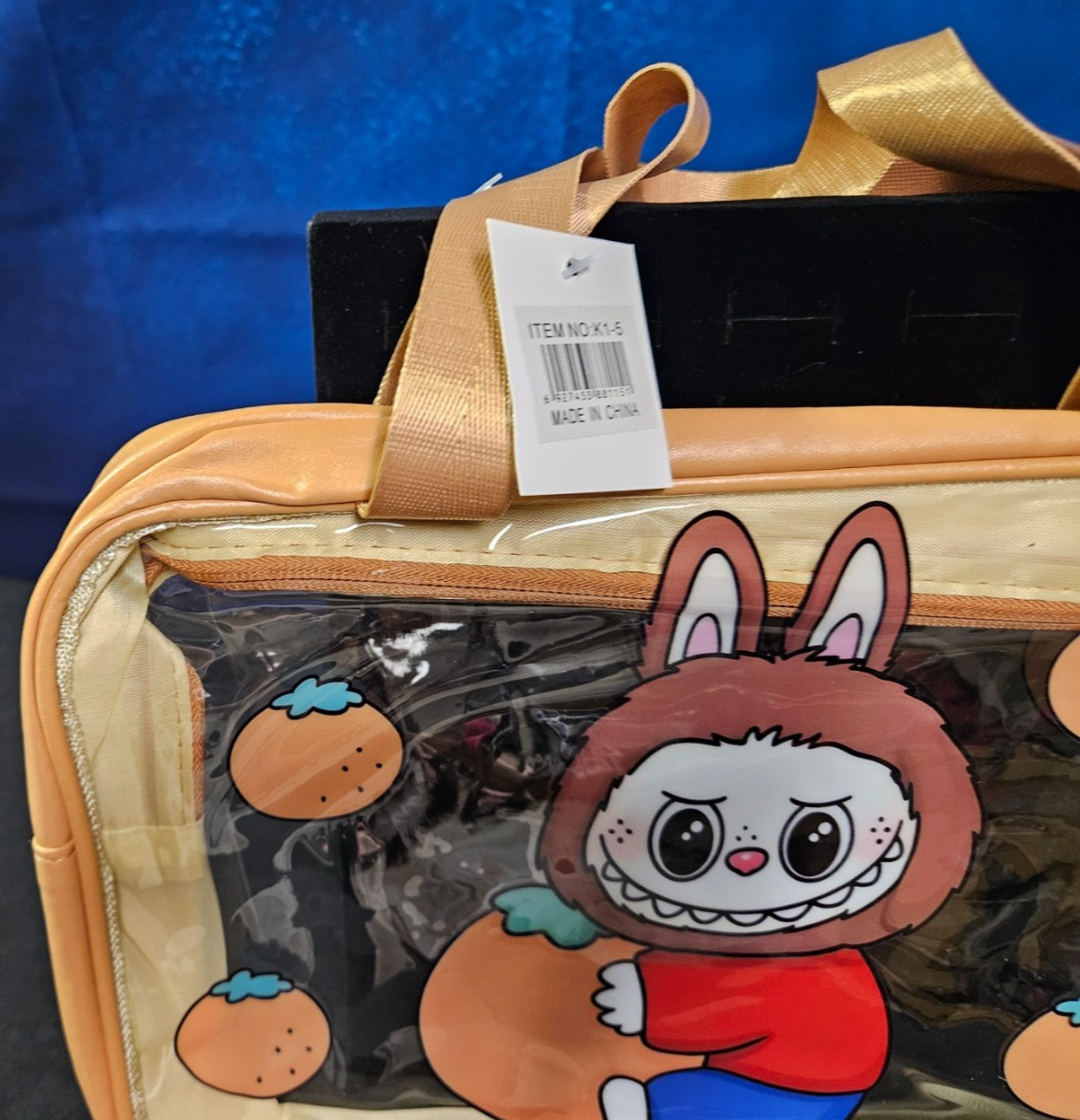 MAKE UP BAG LARGE TAN LABUBU CLEAR LABUBU 9 X 13X4