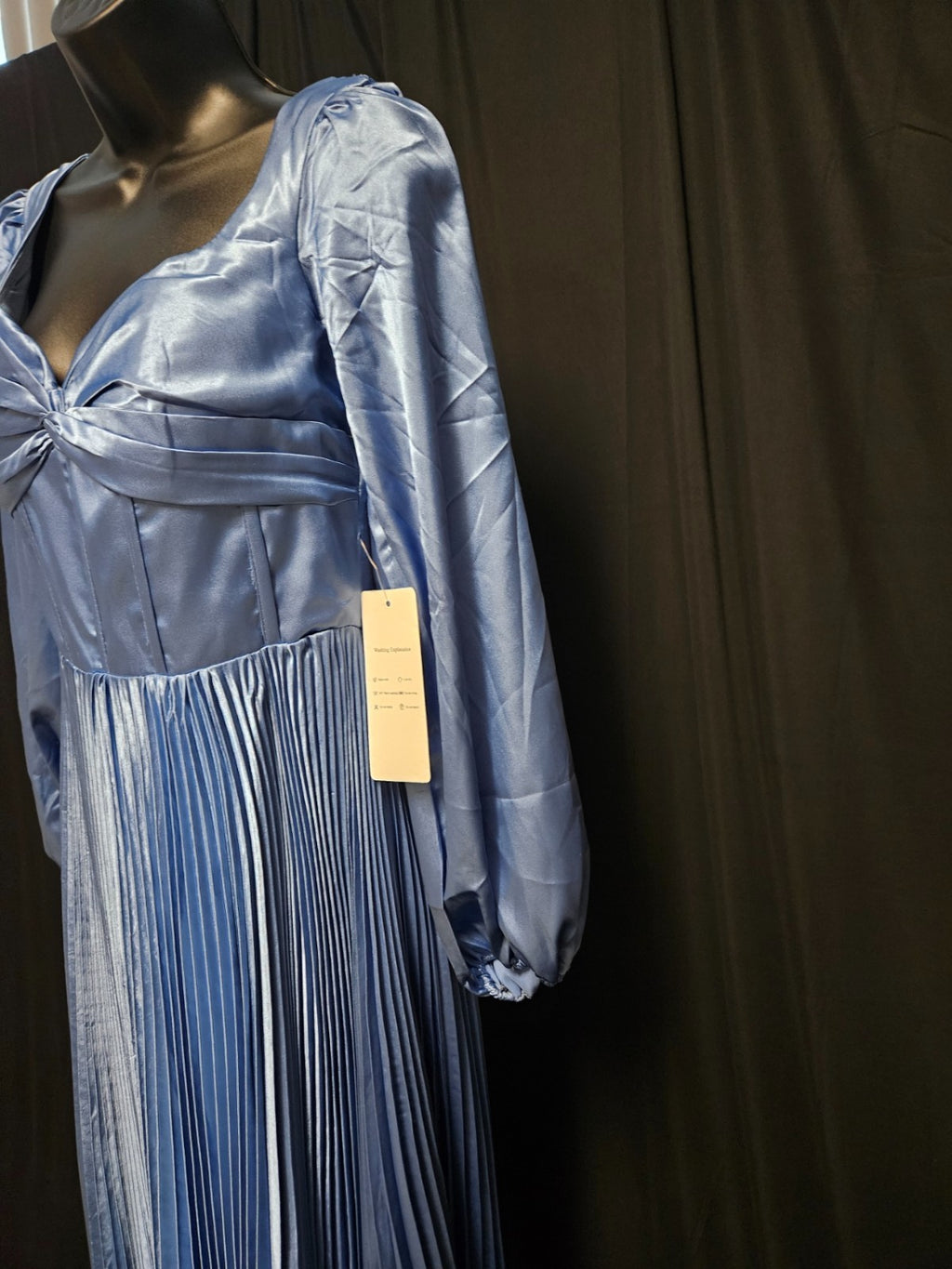 FAERIESTY LONG SLEEVE CORSET/ZIP BACK SIZE SMALL BLUE SATIN PLEATED GOWN NWT