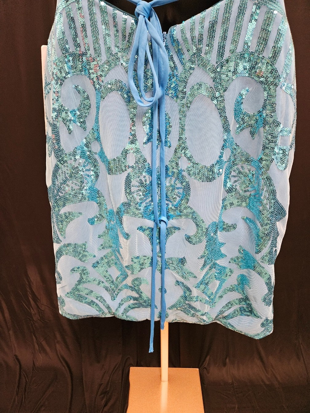 FAERIESTY SIZE SMALL BLUE SEQUINED FORMAL STRAPPY CORSET/ZIP MINI DRESS NWT