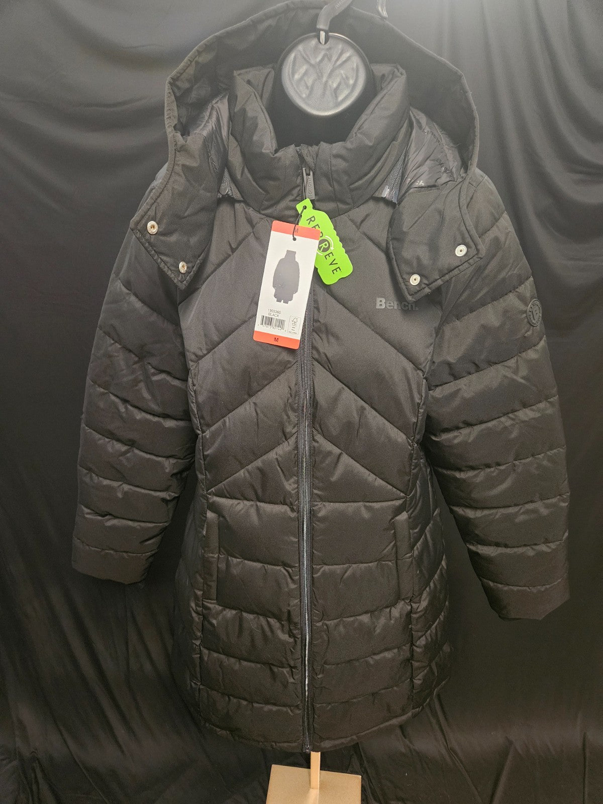 Bench Women's Hooded Long Puffer Coat Jacket, Black, Size M  NWT